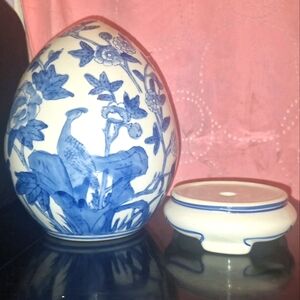 Blue Large Asian Chinoiserie Porcelain Decorative Egg with Stand